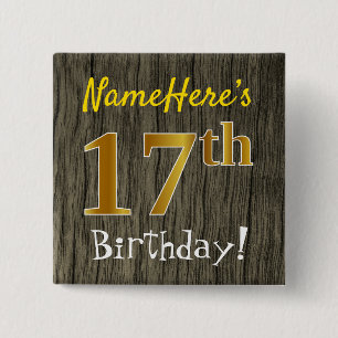 Badge Carré 5 Cm Faux Wood, Faux Gold 17e anniversaire + Nom person