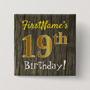 Badge Carré 5 Cm Faux Wood, Faux Gold 19e anniversaire + Nom person