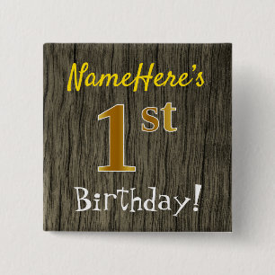 Badge Carré 5 Cm Faux Wood, Faux Gold 1er Anniversaire + Nom person