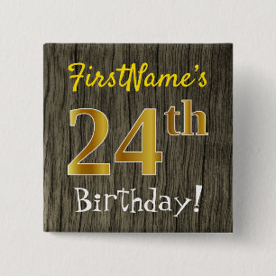 Badge Carré 5 Cm Faux Wood, Faux Gold 24e anniversaire + Nom person