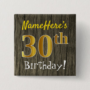 Badge Carré 5 Cm Faux Wood, Faux Gold 30e anniversaire + Nom person