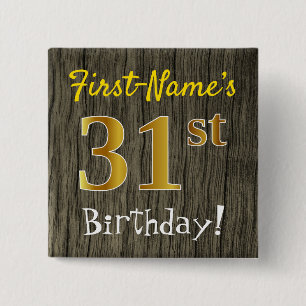 Badge Carré 5 Cm Faux Wood, Faux Gold 31e anniversaire + Nom person