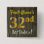 Badge Carré 5 Cm Faux Wood, Faux Gold 32e anniversaire + Nom person (Devant)
