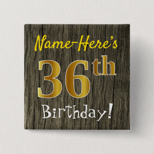 Badge Carré 5 Cm Faux Wood, Faux Gold 36e anniversaire + Nom person
