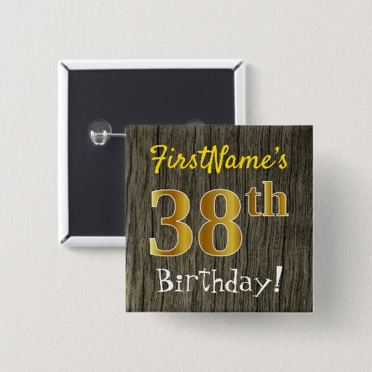 Badge Carré 5 Cm Faux Wood, Faux Gold 38th Birthday + Custom Name (Devant & derrière)
