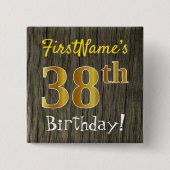 Badge Carré 5 Cm Faux Wood, Faux Gold 38th Birthday + Custom Name (Devant)
