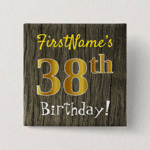 Badge Carré 5 Cm Faux Wood, Faux Gold 38th Birthday + Custom Name