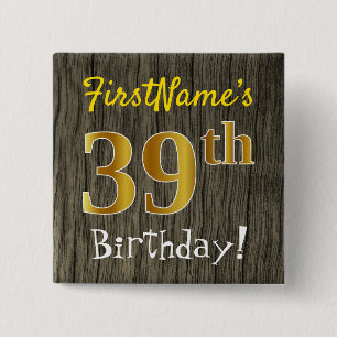 Badge Carré 5 Cm Faux Wood, Faux Gold 39e anniversaire + Nom person
