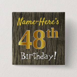 Badge Carré 5 Cm Faux Wood, Faux Gold 48e anniversaire + Nom person