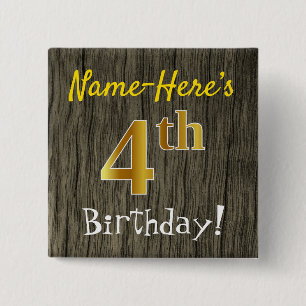 Badge Carré 5 Cm Faux Wood, Faux Gold 4e anniversaire + Nom personn