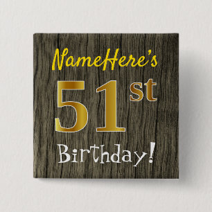 Badge Carré 5 Cm Faux Wood, Faux Gold 51e anniversaire + Nom person