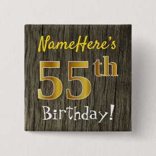 Badge Carré 5 Cm Faux Wood, Faux Gold 55e anniversaire + Nom person