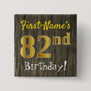 Badge Carré 5 Cm Faux Wood, Faux Gold 82e anniversaire + Nom person