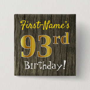 Badge Carré 5 Cm Faux Wood, Faux Gold 93e anniversaire + Nom person