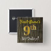 Badge Carré 5 Cm Faux Wood, Faux Gold 9e Anniversaire + Nom personn (Devant & derrière)