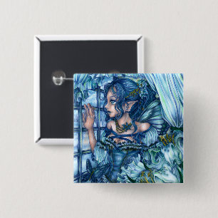 Badge Carré 5 Cm Fée de givre vue d'un hiver saphir