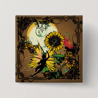 Badge Carré 5 Cm Fée de tournesol et chat cosmique
