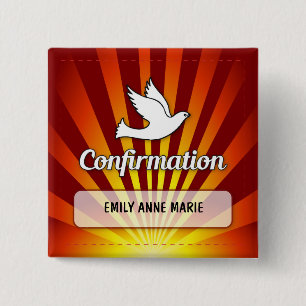Badge Carré 5 Cm Félicitations Confirmation Colombe avec Or, Rouge