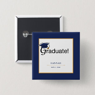 Badge Carré 5 Cm Félicitations Diplômé, Casquette, Tassel, Bleu, Or