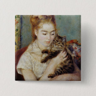 Badge Carré 5 Cm Femme avec un chat par Pierre-Auguste Renoir