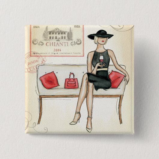 Badge Carré 5 Cm Femme buvant du vin rouge (Devant)