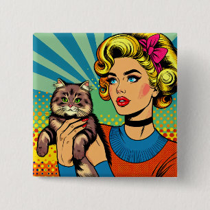 Badge Carré 5 Cm Femme de l'art pop cartoonistique tenant un chat