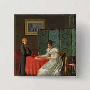 Badge Carré 5 Cm Femme écrivant une lettre