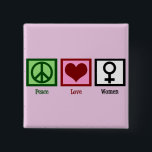 Badge Carré 5 Cm Femmes d'amour pour la paix<br><div class="desc">Un signe de paix,  un coeur et le symbole pour une femme. L'autonomisation des femmes et le don des droits des femmes.</div>