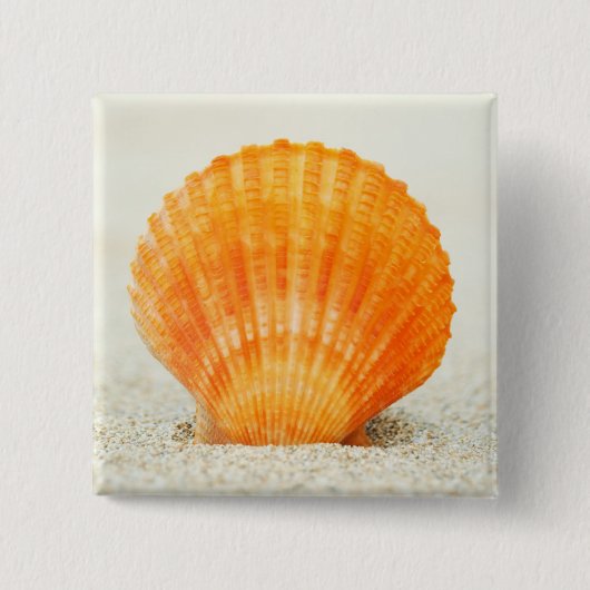 Badge Carré 5 Cm Feston Shell orange se tenant droit en sable (Devant)