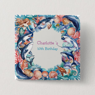 Badge Carré 5 Cm fête d'anniversaire de la baleine de requin-sirène