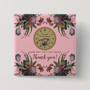 Badge Carré 5 Cm Fête d'anniversaire Horloge vintage avec fleurs