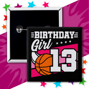 Badge Carré 5 Cm Fête de basket-ball 13 ans Fille 13e anniversaire