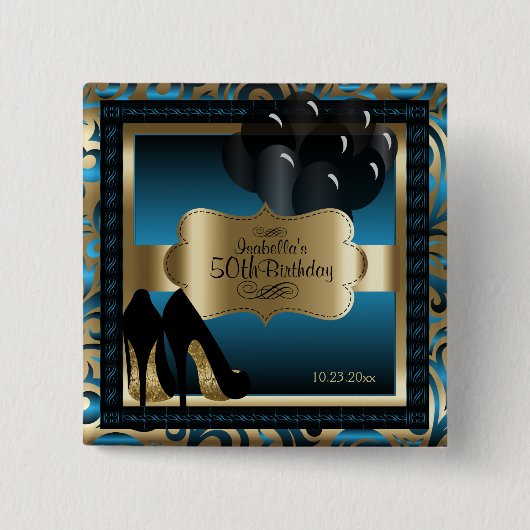 Badge Carré 5 Cm Fête du 00e anniversaire | Bleu et or (Devant)