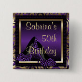 Badge Carré 5 Cm Fête du 00e anniversaire | Leopard violet talons h (Devant)