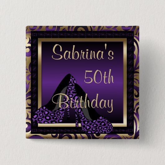 Badge Carré 5 Cm Fête du 00e anniversaire | Leopard violet talons h (Devant)