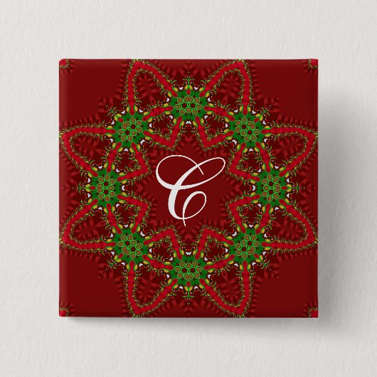 Badge Carré 5 Cm Fêtes Rouge & Vert Monogramme Bouton (Devant)