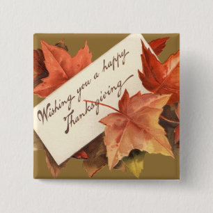 Badge Carré 5 Cm Feuilles d'automne vous souhaitant un joyeux Thank