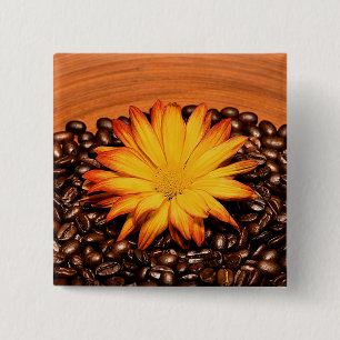 Badge Carré 5 Cm Fèves de café et marguerite jaune