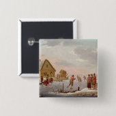 Badge Carré 5 Cm Figures patinage dans un paysage d'hiver (Devant & derrière)