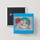 Badge Carré 5 Cm Fille avec Rose Rouge Beret Soyez Vrai À Vous Badg (Devant & derrière)