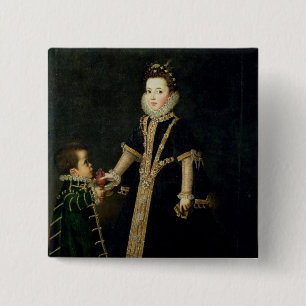 Badge Carré 5 Cm Fille avec un nain, vraisemblablement un portrait
