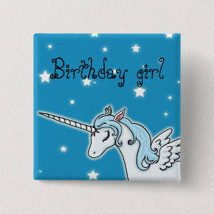 Badge Carré 5 Cm Fille bleue et blanche d'anniversaire de licorne