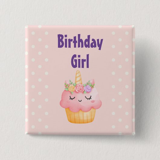 Badge Carré 5 Cm Fille d'anniversaire - Cupcake rose Unicorne avec  (Devant)