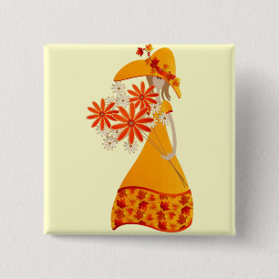 Badge Carré 5 Cm Fille d'automne avec des fleurs d'automne