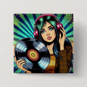 Badge Carré 5 Cm Fille de style pop art comic avec album vinyle