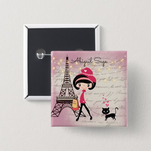 Badge Carré 5 Cm Fille et chat personnalisés à Paris Tour Eiffel (Devant & derrière)