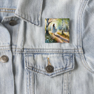 Badge Carré 5 Cm Fille Fantaisiste Dançant à Travers une Forêt de B