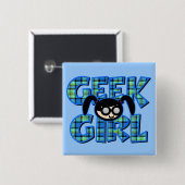 Badge Carré 5 Cm Fille Geek bleu avec graphisme (Devant & derrière)