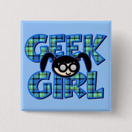 Badge Carré 5 Cm Fille Geek bleu avec graphisme (Devant)