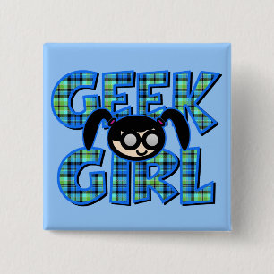 Badge Carré 5 Cm Fille Geek bleu avec graphisme